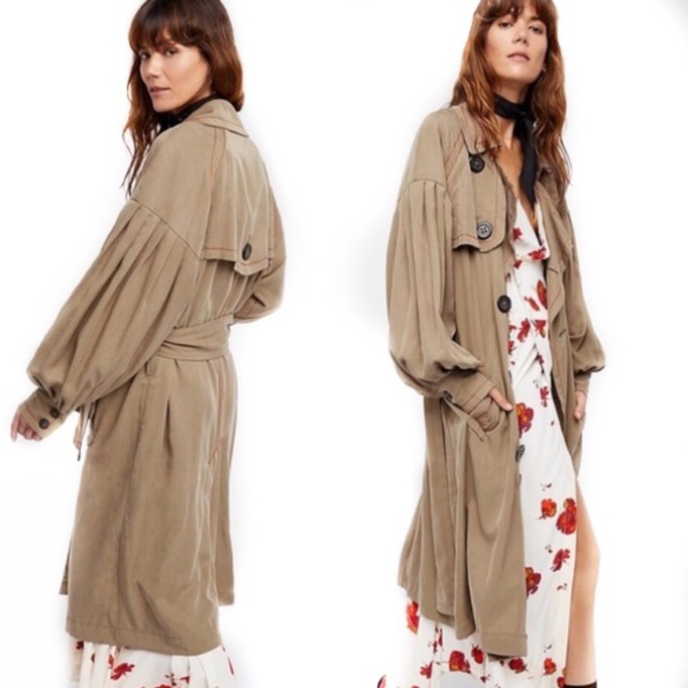 Free People Balloon Sleeve Trench Coat Beige